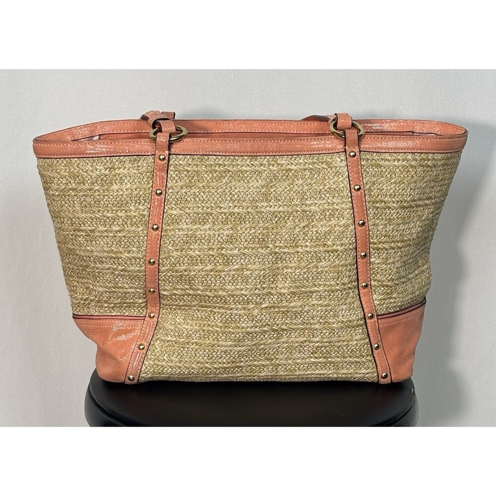 Coach Alexandra Straw Studded Tote Bag In Natural/Coral Peach F21959 - Picture 4 of 12